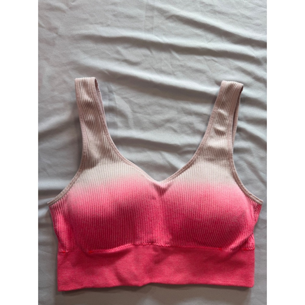 Aerie Chill Play Move Pink Ombre Ribbed Seamless Sports Bra V-Neck Medium